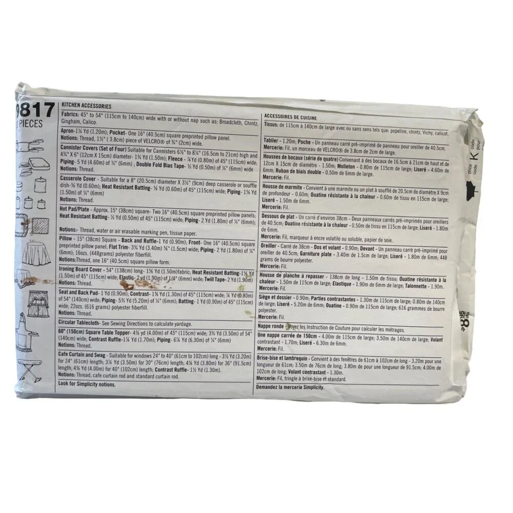 Simplicity Sewing Pattern 9817 Kitchen Covers Seat Pads Apron Table‎ Coverings